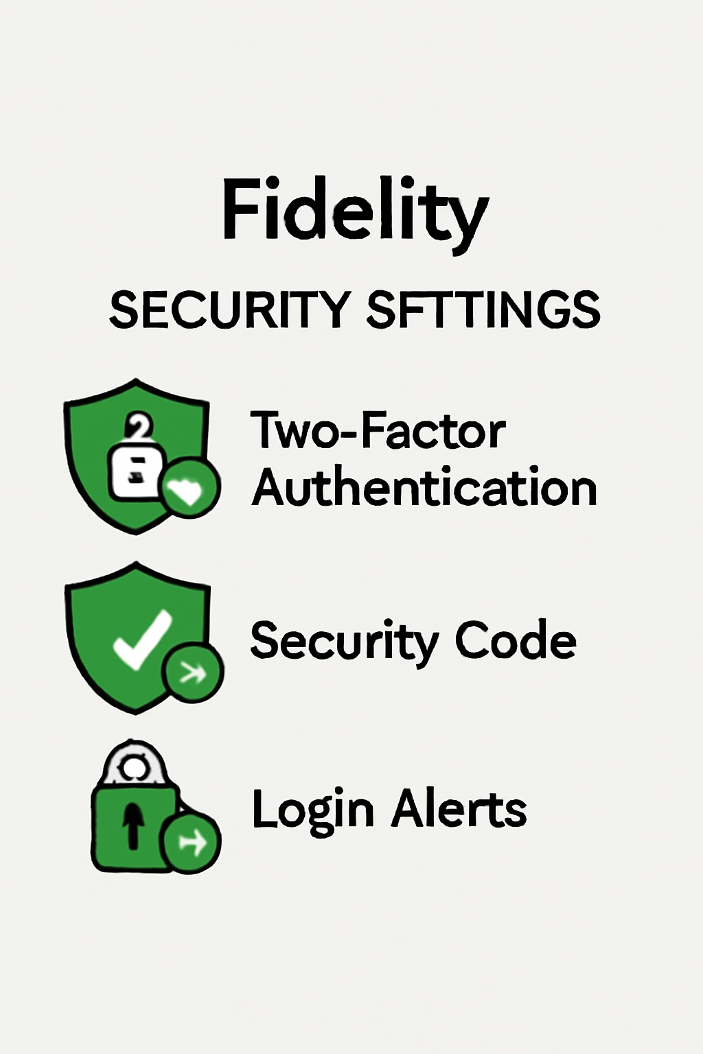 Fidelity security settings page with 2FA enabled, shields and locks, green checkmarks