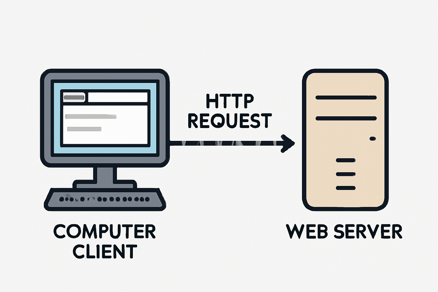A computer client sending an HTTP request to a web server, with a focus on digital communication lines and a web browser interface.