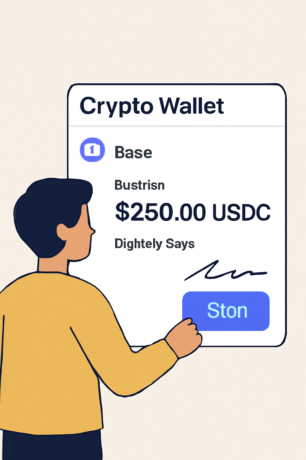A user interacting with a crypto wallet interface, digitally signing a payment transaction with USDC token on the Base network.