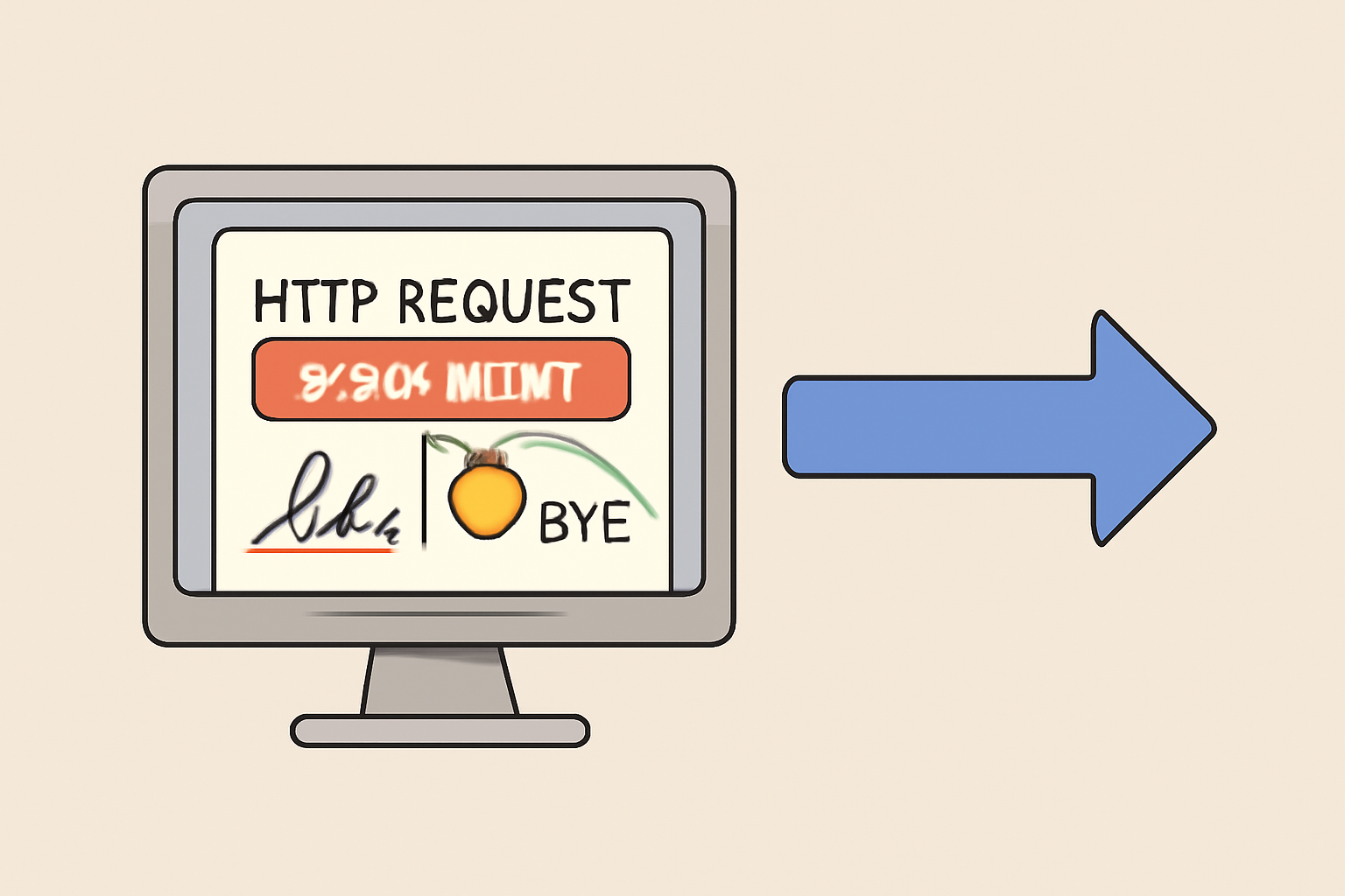A computer sending an HTTP request with a special X-PAYMENT header, showing a digital signature and crypto payment info attached.