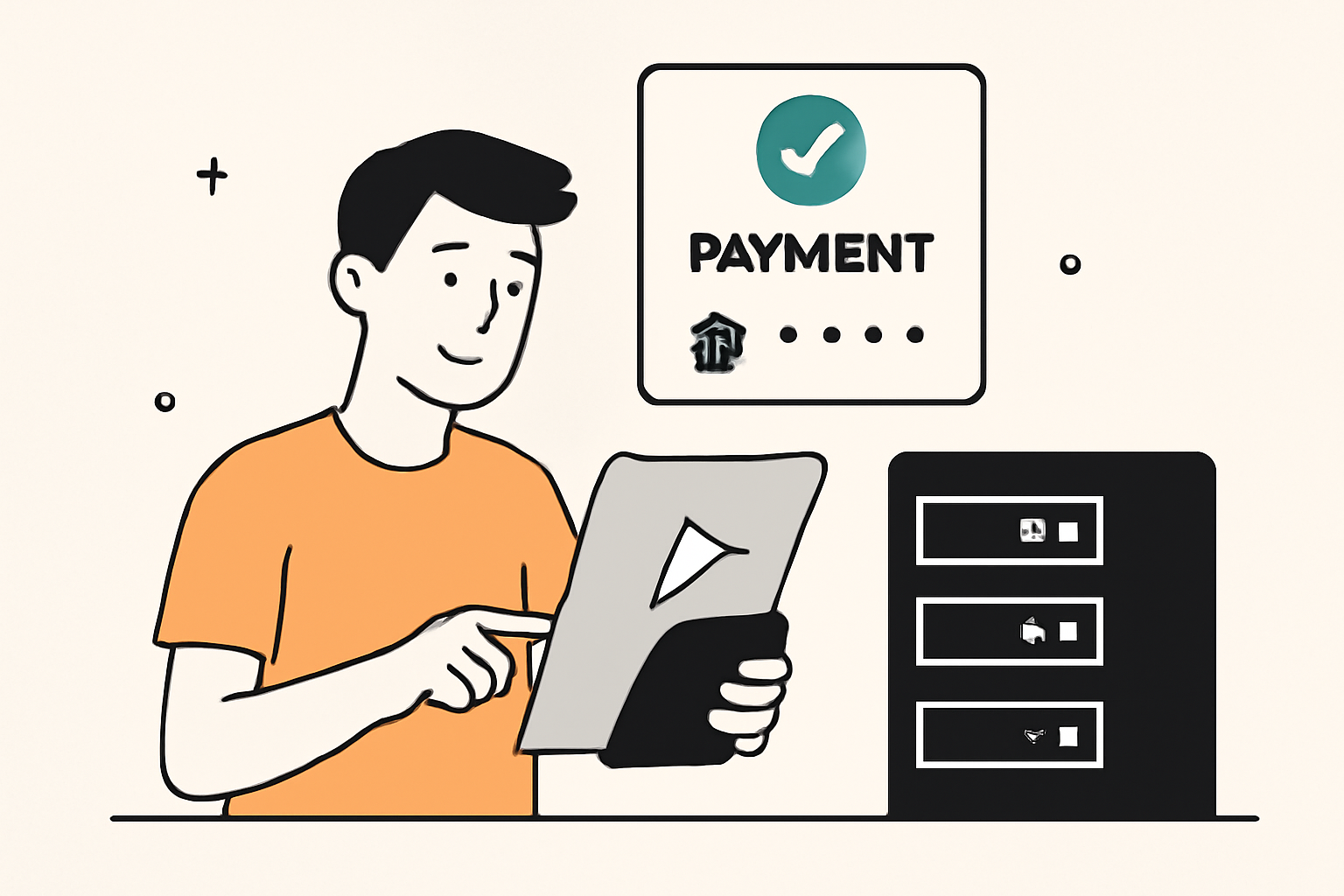 A satisfied client receiving digital content from a server after successful crypto payment, with a checkmark and payment confirmation details.