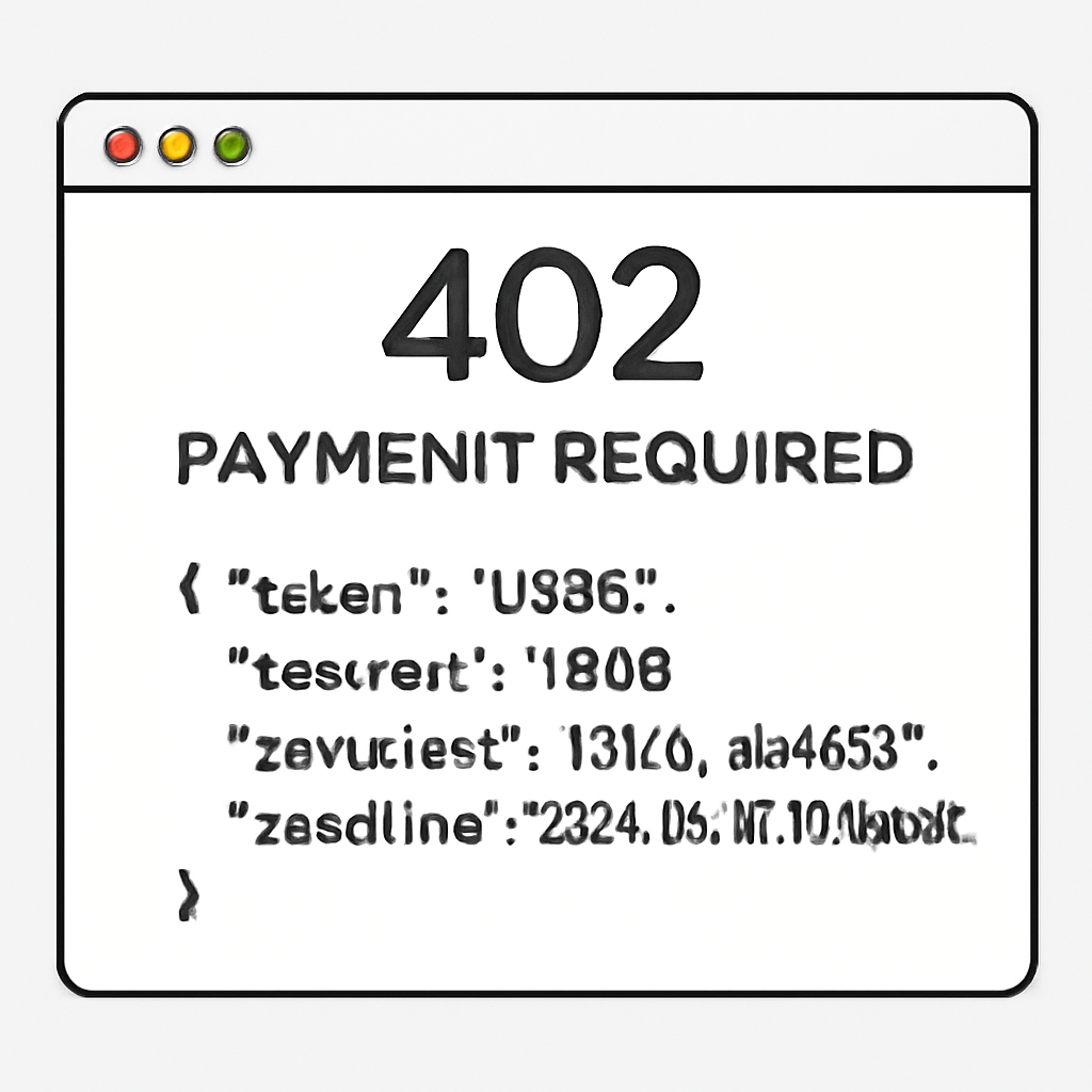 A web server returning a 402 Payment Required response, displaying a JSON object with crypto payment details like USDC token, amount, recipient address, and deadline.