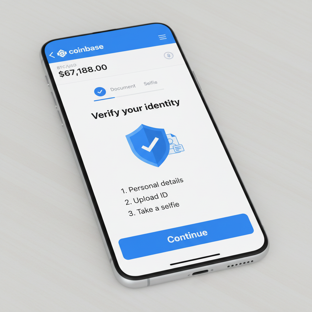 smartphone screen showing Coinbase KYC verification process, bitcoin price $67188, clean modern UI, blue tones