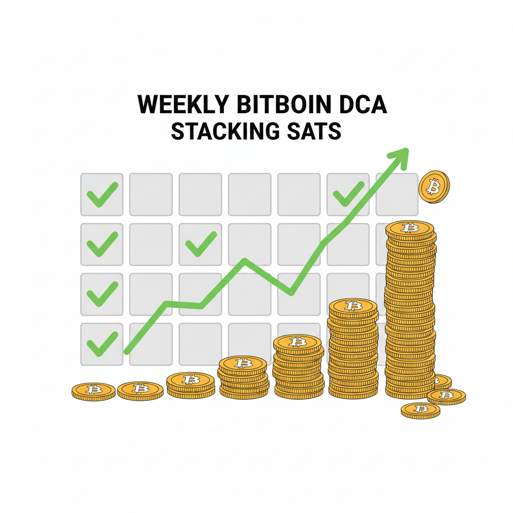 calendar with weekly bitcoin DCA buys chart, coins stacking up, green upward trend, minimalist finance style