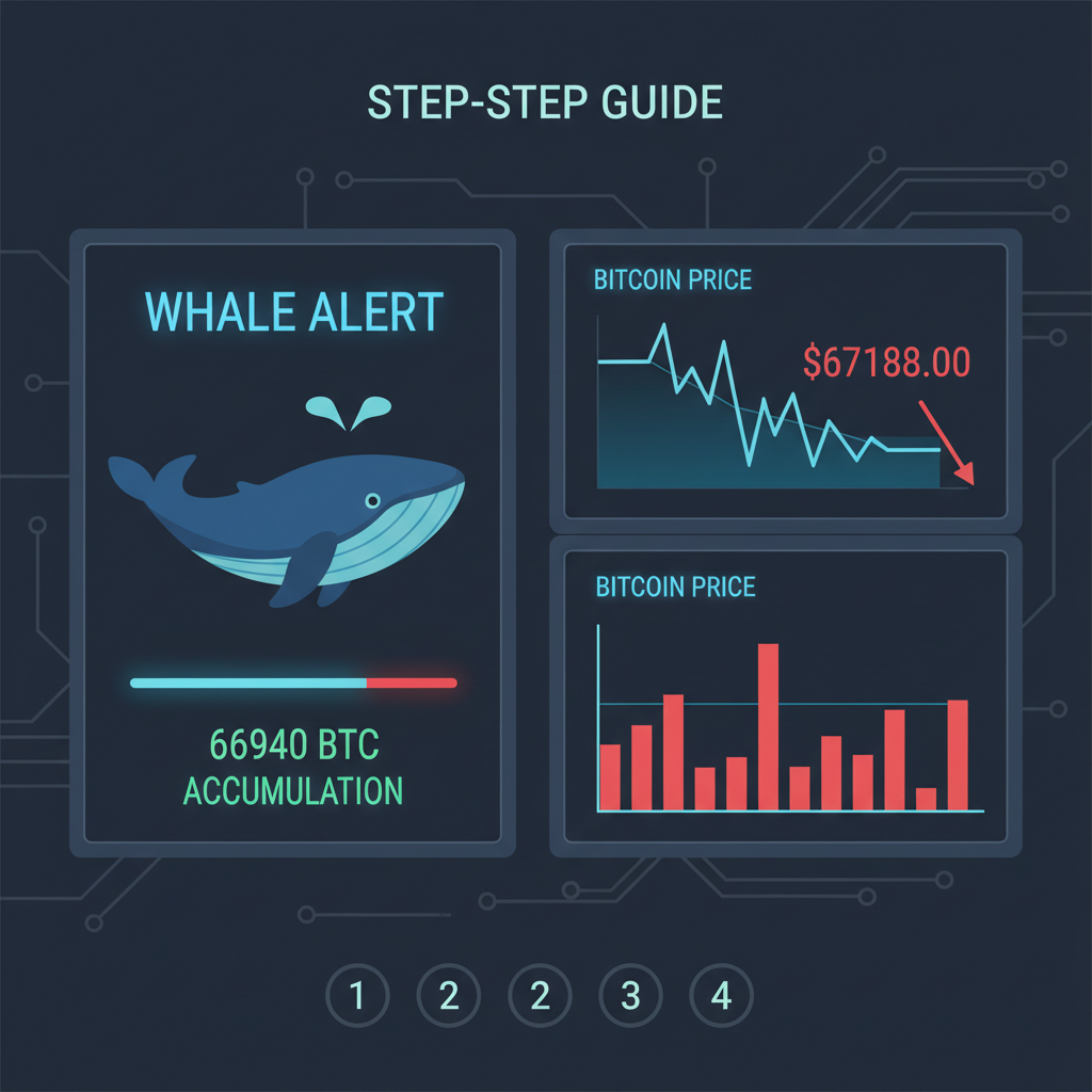 whale alert dashboard showing 66940 BTC accumulation, bitcoin charts dipping to $67188, dark tech interface