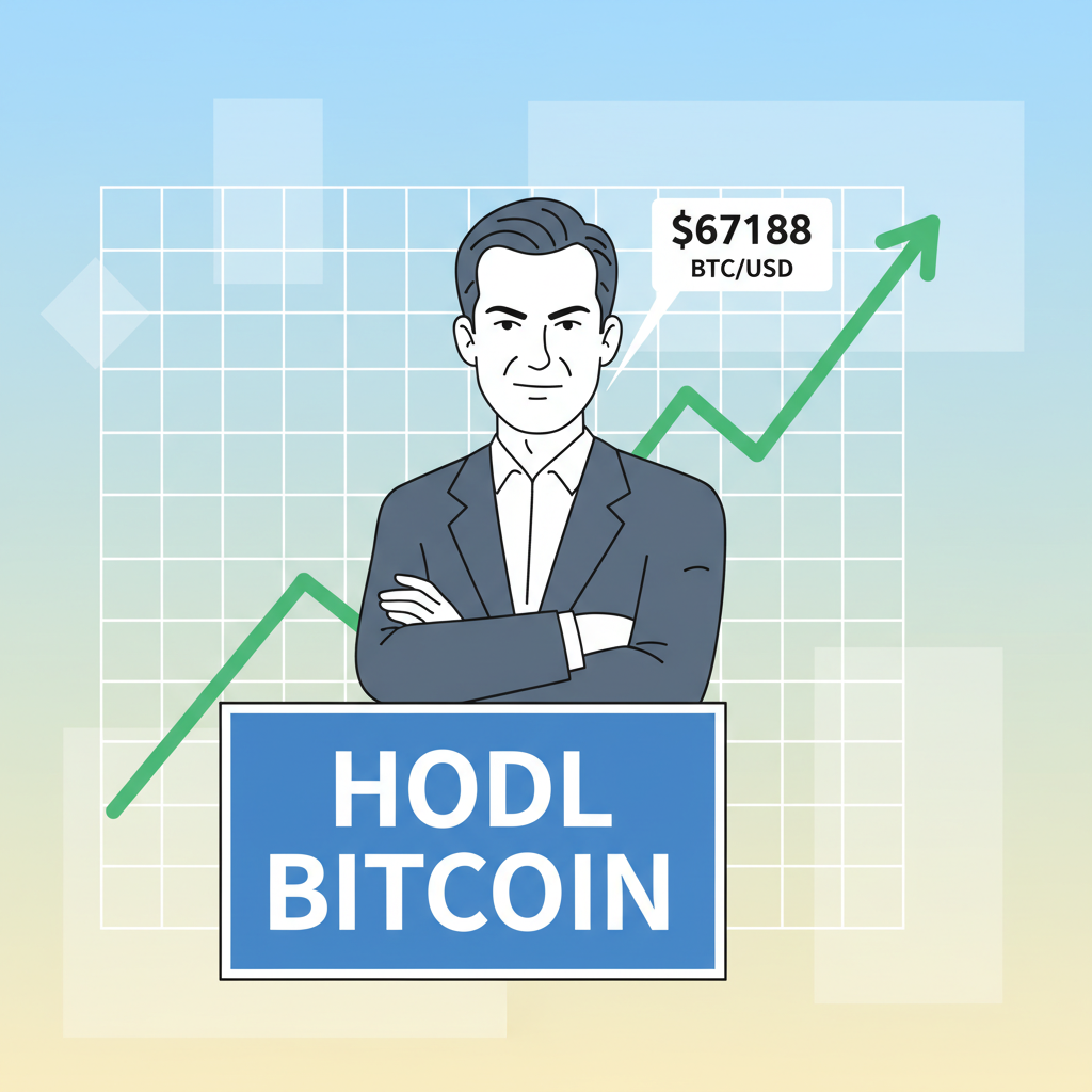 Michael Saylor confident pose with bitcoin HODL sign, price chart at $67188, motivational finance art