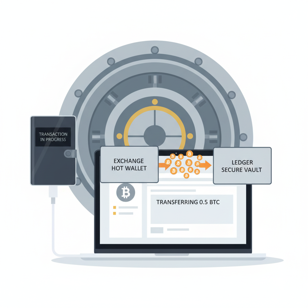 Ledger hardware wallet connected to computer, bitcoin transferring from exchange, secure vault aesthetic