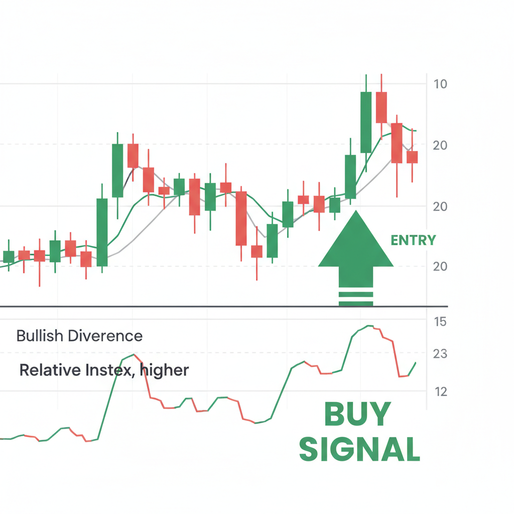 RIOT candlestick chart entry arrow on bullish divergence after BTC dip, green buy signal