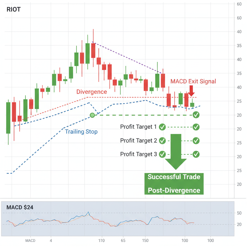 RIOT chart showing MACD exit signal, trailing stop, profit targets hit post-divergence trade