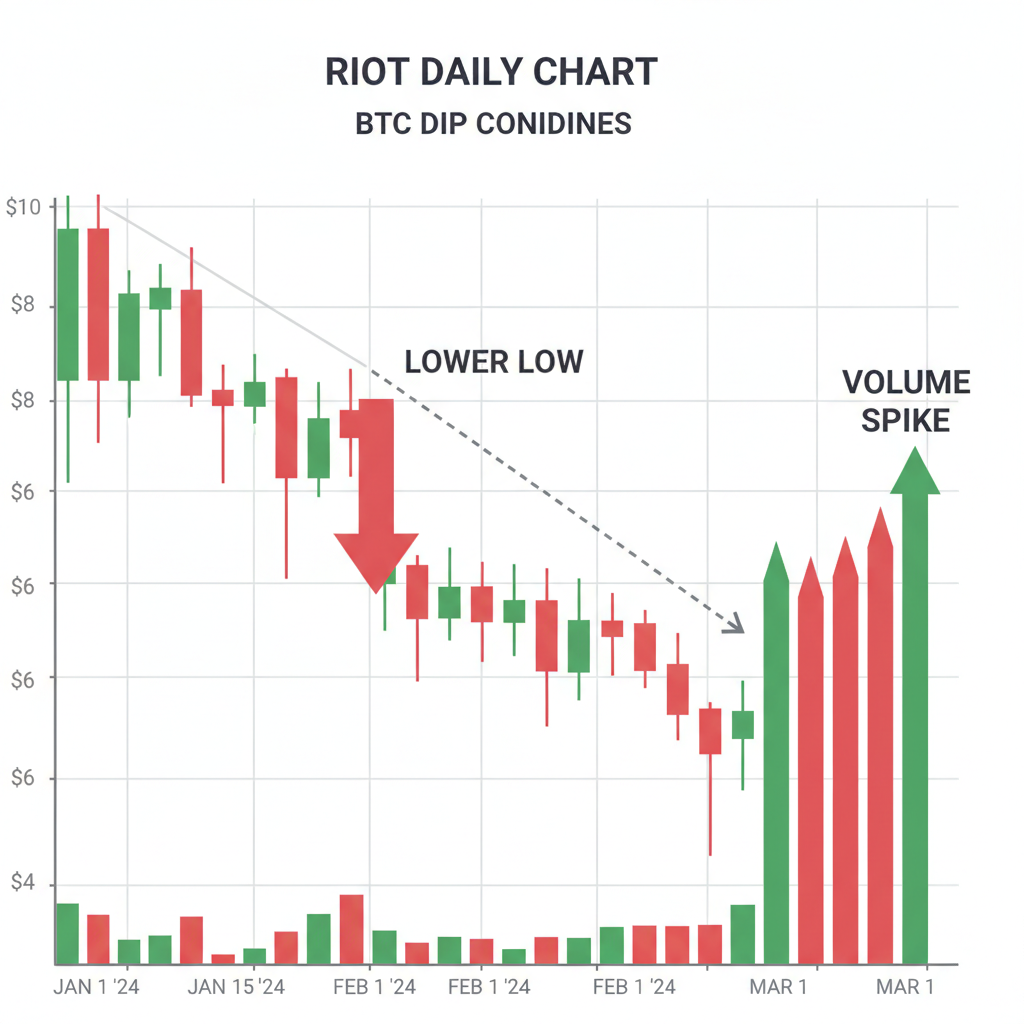 RIOT stock daily chart showing lower low during BTC dip, volume bars spiking, precise labels