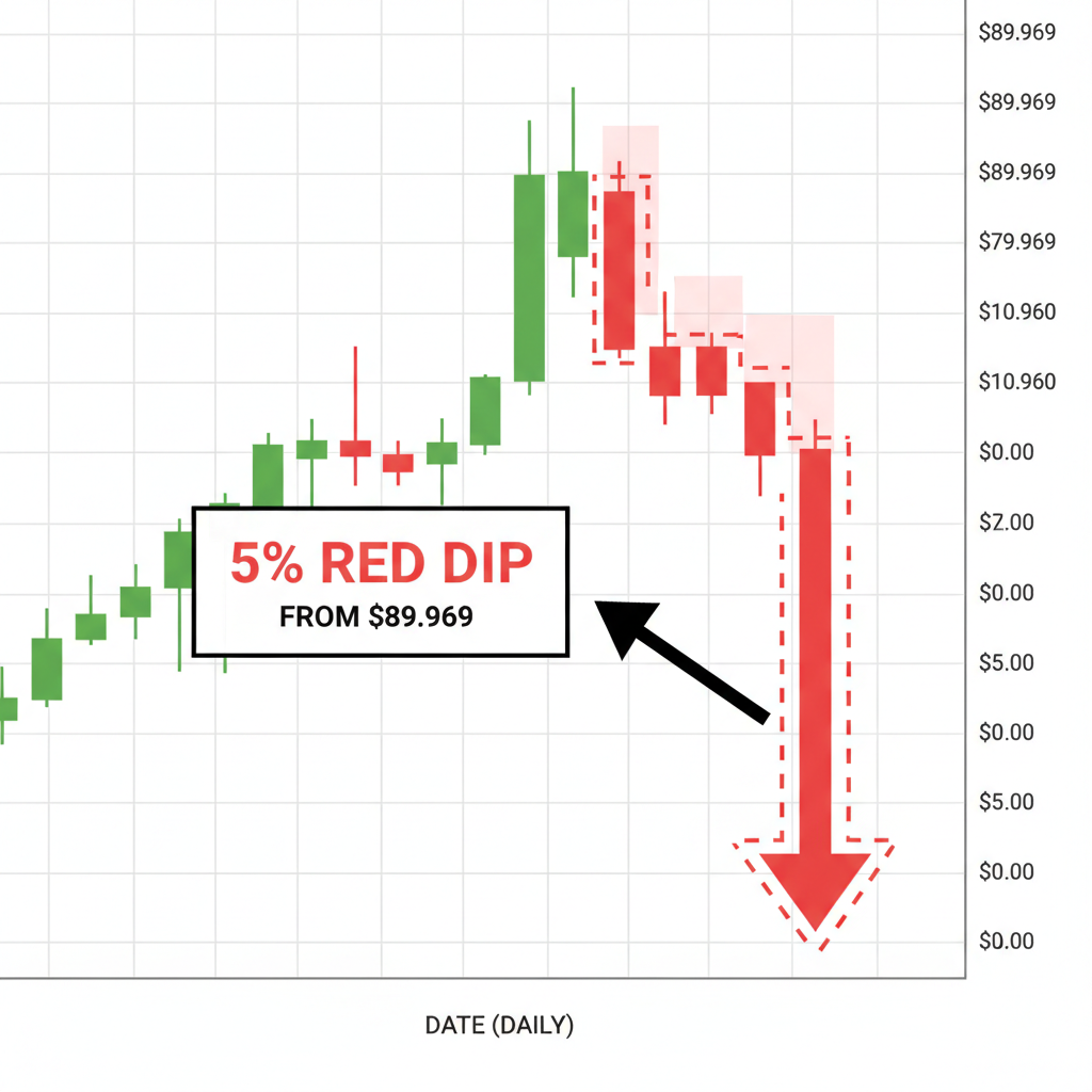 Bitcoin daily candlestick chart highlighting a 5% red dip candle from $89,969 level, technical analysis style