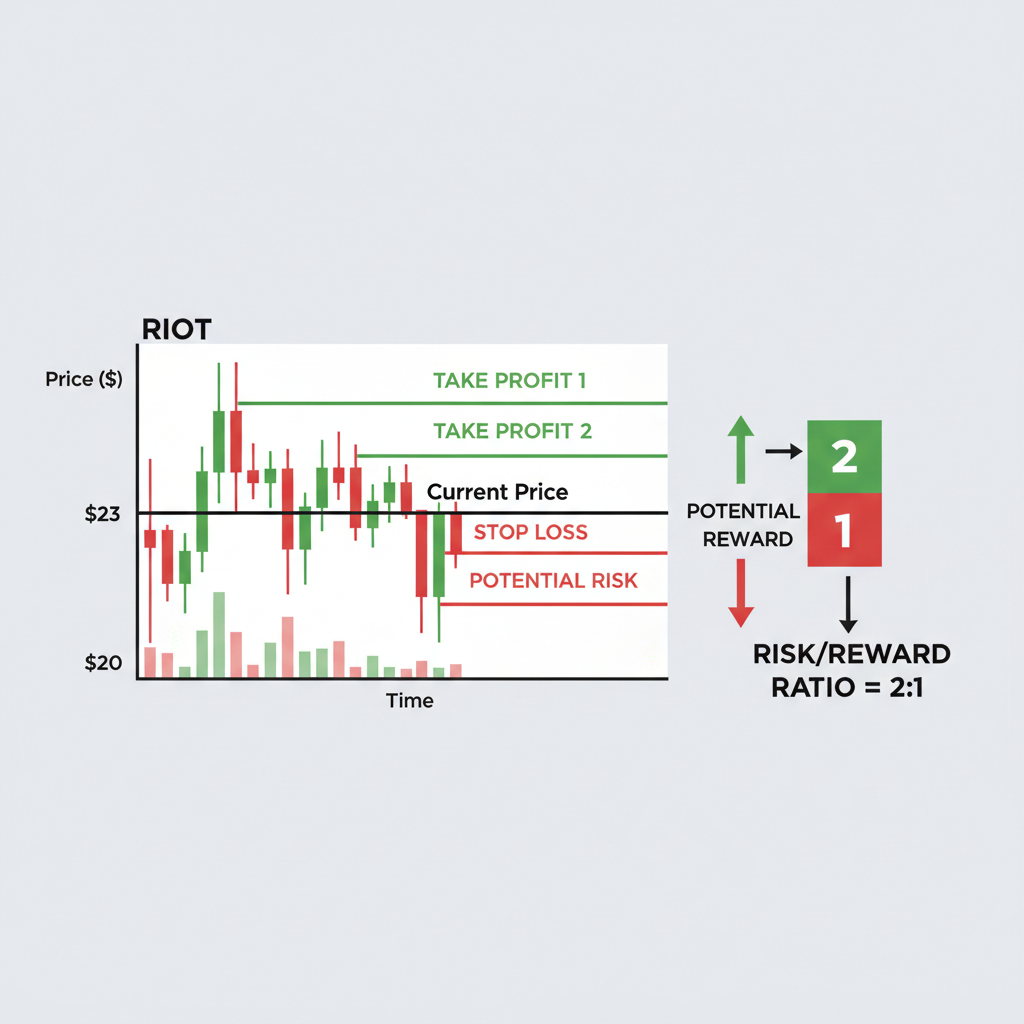 RIOT chart with stop-loss line below low, take-profit targets at $25 and $27, risk-reward diagram
