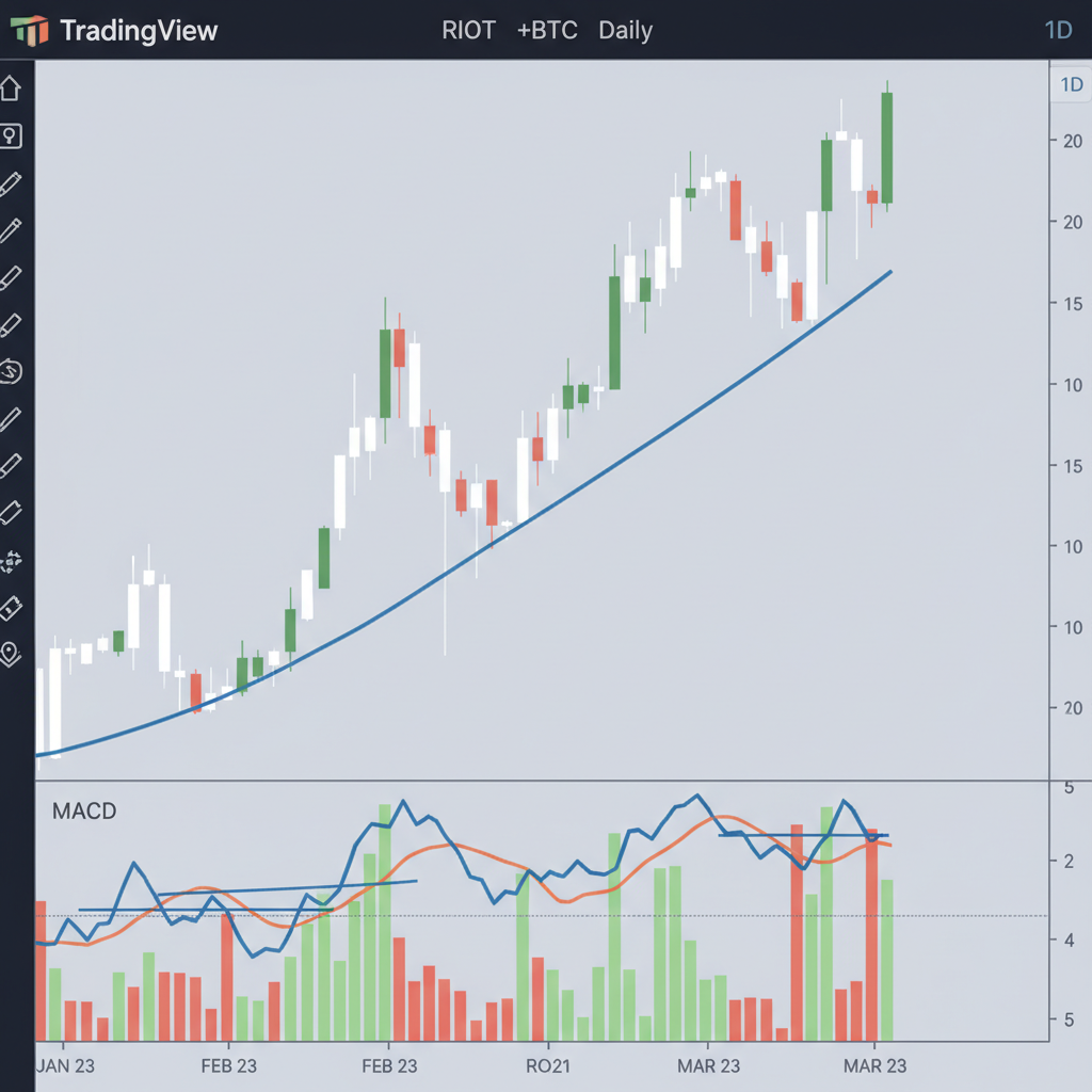 TradingView daily chart of RIOT stock with BTC overlay and MACD indicator added, clean professional style