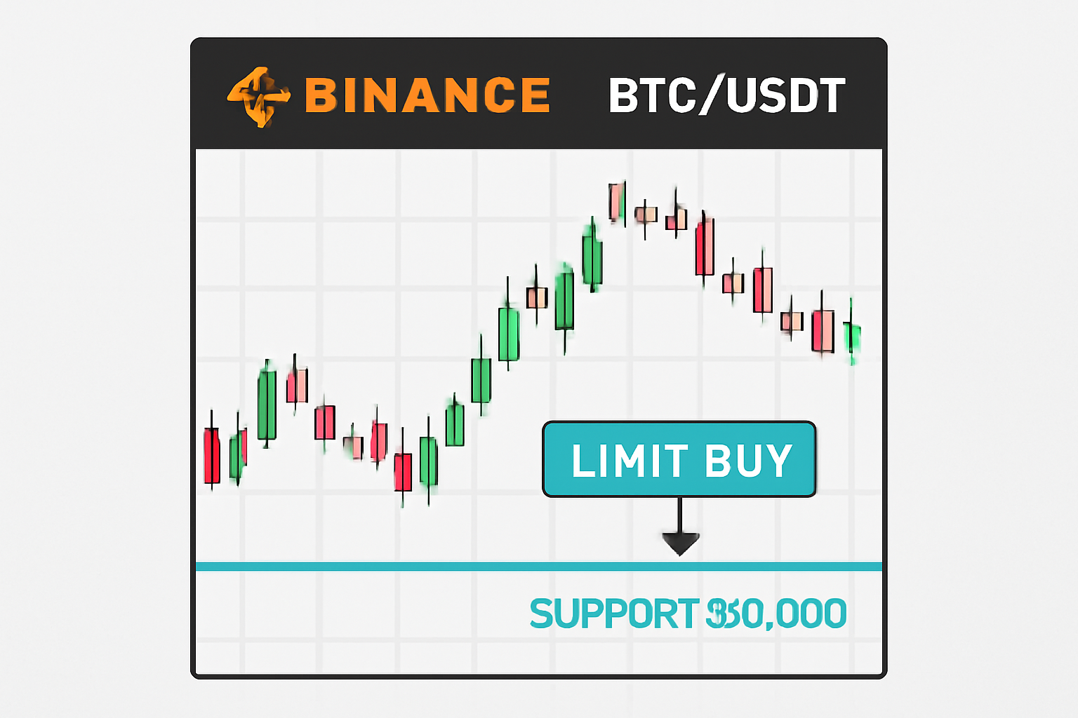 Binance trading chart with BTC/USDT limit buy order placed at $90,000 support level