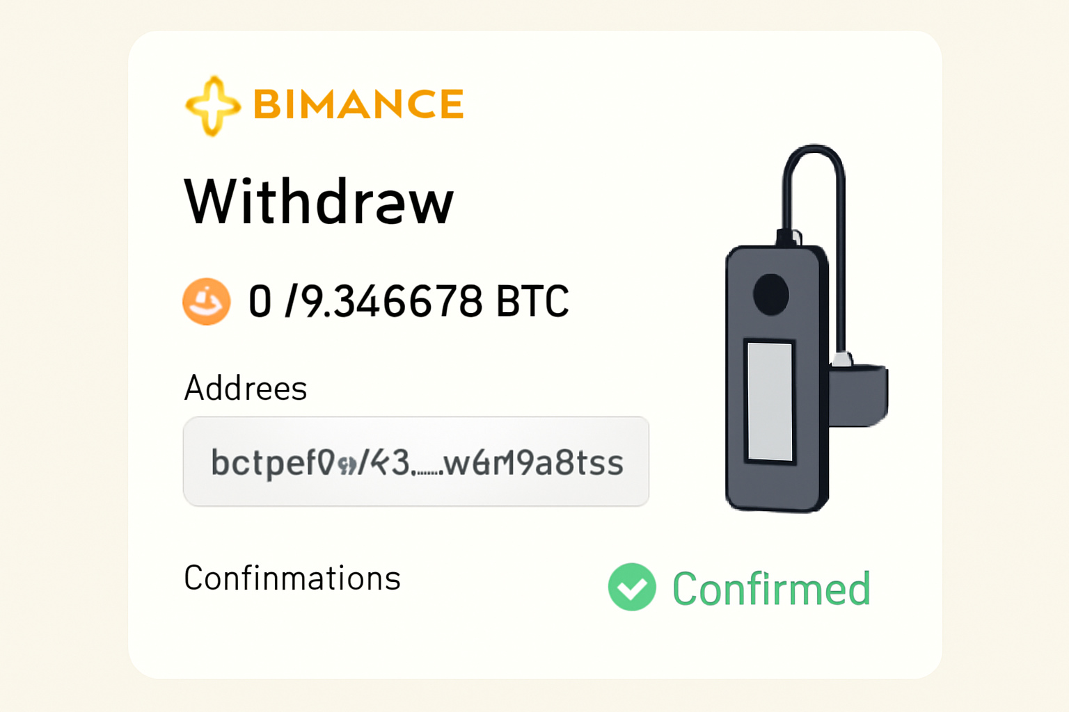 Binance withdrawal screen to hardware wallet with BTC address and confirmations