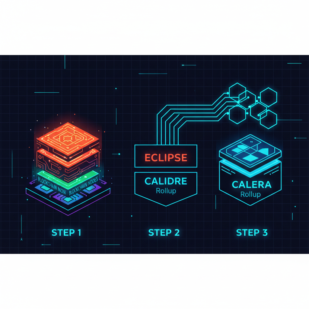 futuristic gaming rollup stacks Eclipse and Caldera, neon blockchain nodes, cyberpunk style