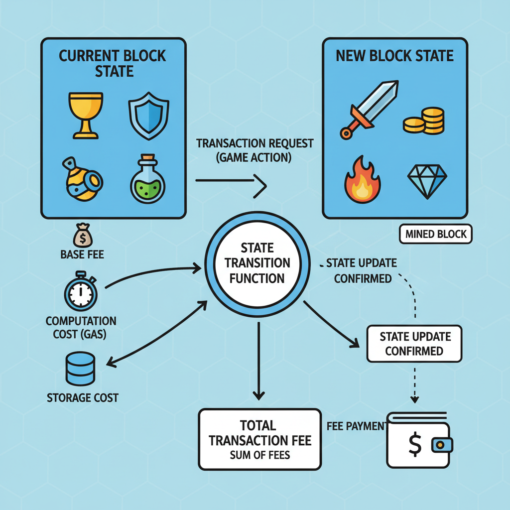 blockchain diagram showing state update pricing model, arrows for fees, gaming icons like swords and coins