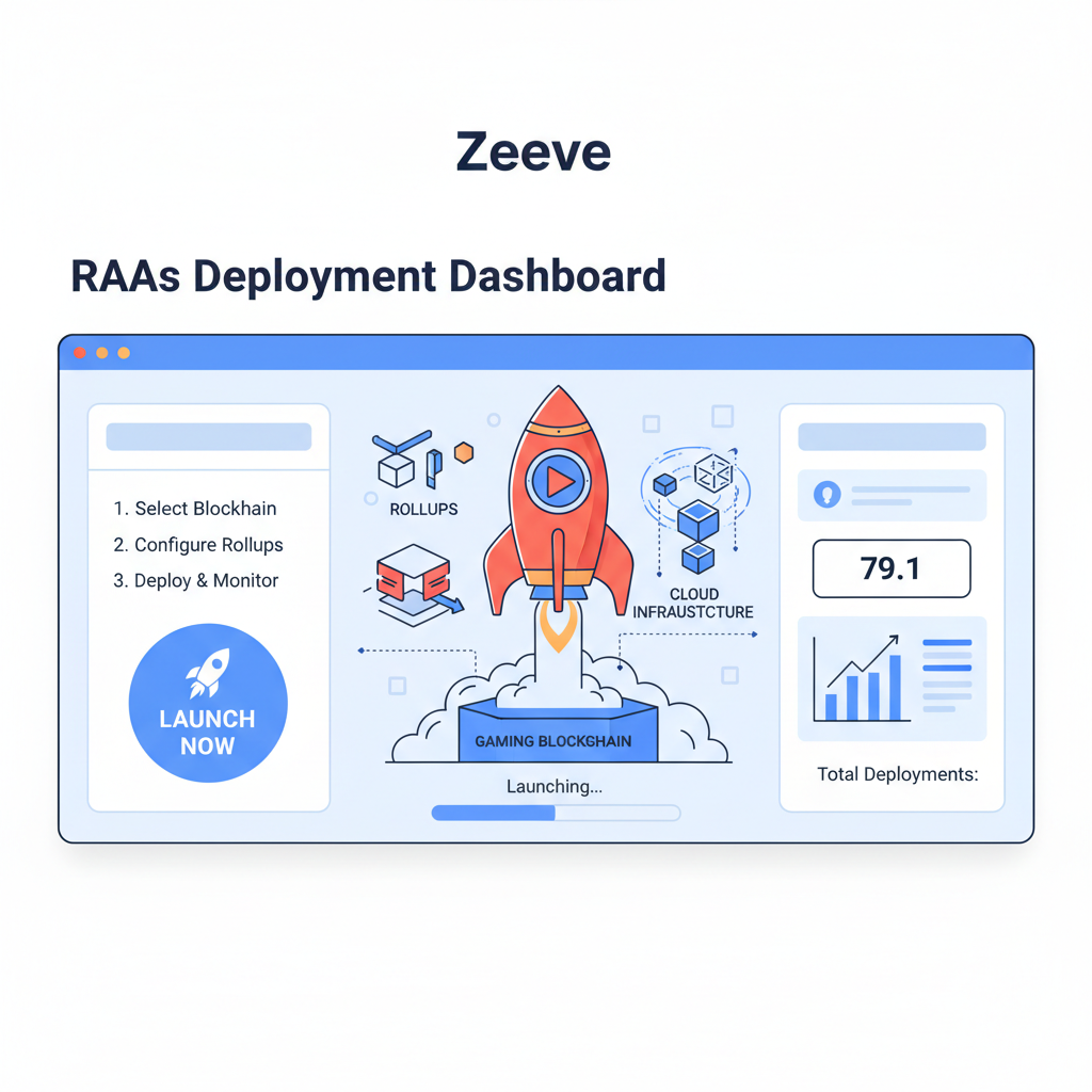 RaaS deployment dashboard Zeeve, launching gaming blockchain rocket, cloud infrastructure with rollups