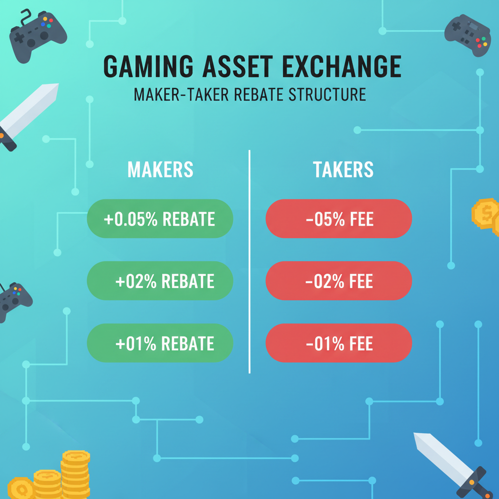 maker-taker rebate chart in blockchain, green rebates for makers, red fees for takers, gaming marketplace vibe