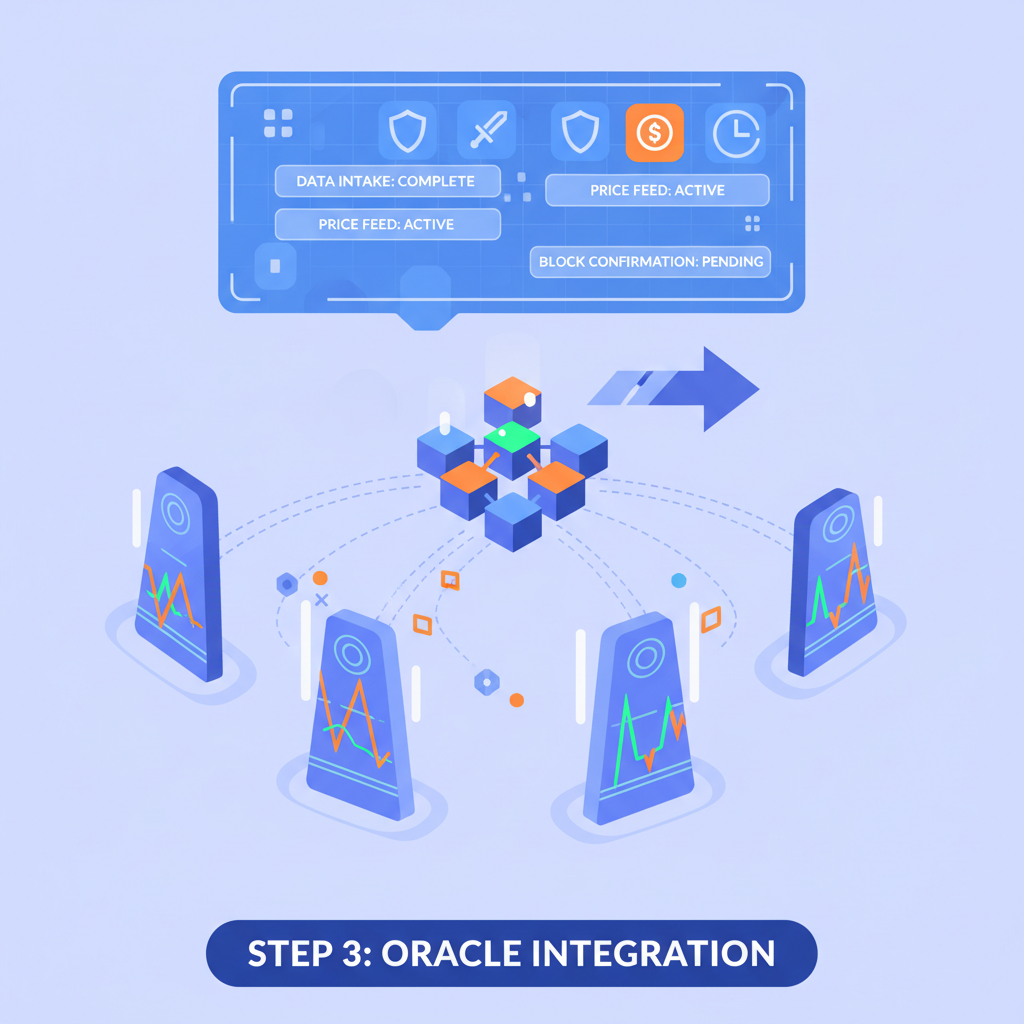 dynamic oracle nodes feeding data to blockchain, glowing oracles with price graphs, high-tech gaming overlay