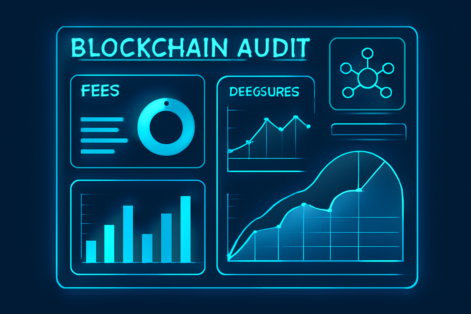 futuristic blockchain audit dashboard with fee charts and resource graphs, neon blue tones, high-tech