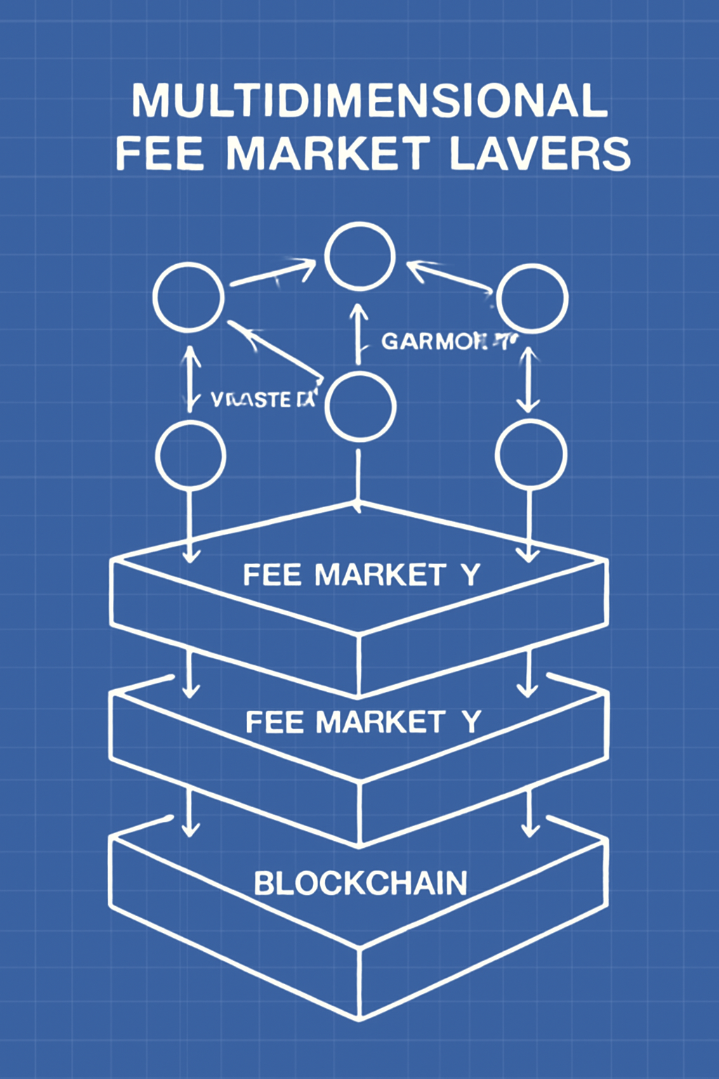 blueprint diagram of multidimensional fee market layers, blockchain nodes connected by resource arrows, schematic style