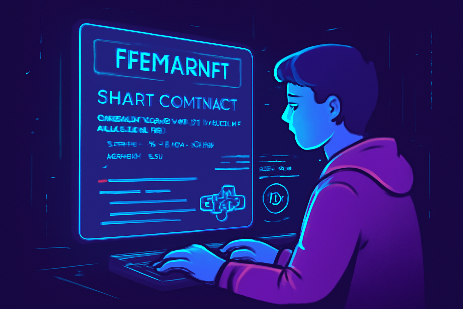 developer coding fee market smart contracts on holographic screen, blockchain code flowing, cyberpunk aesthetic