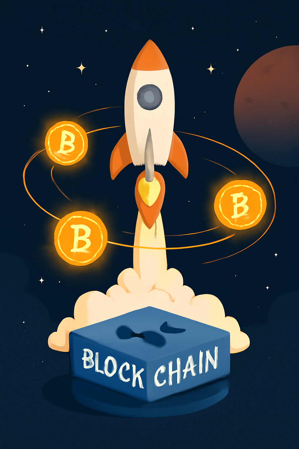 mainnet launch rocket blasting off from blockchain platform, fee market orbits glowing, epic space scene