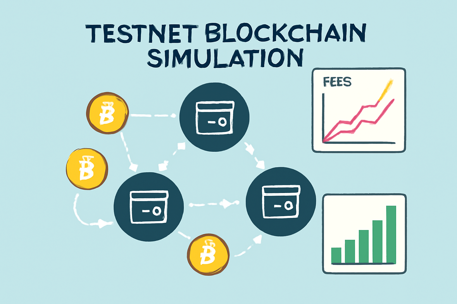 testnet blockchain simulation with fee graphs spiking, virtual nodes processing transactions, dynamic visualization