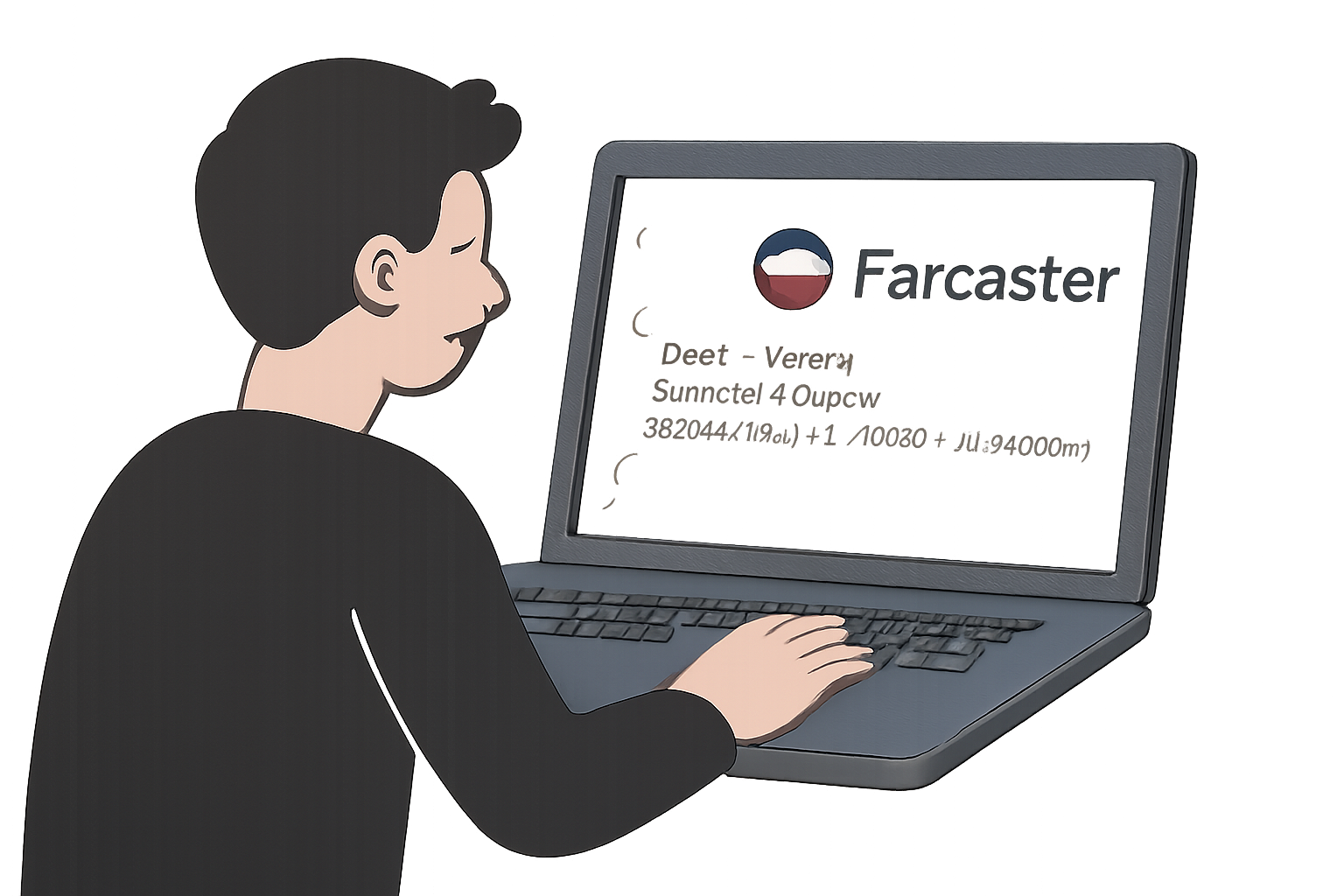 A developer editing a JSON manifest file on a laptop, with code and Farcaster logo visible.