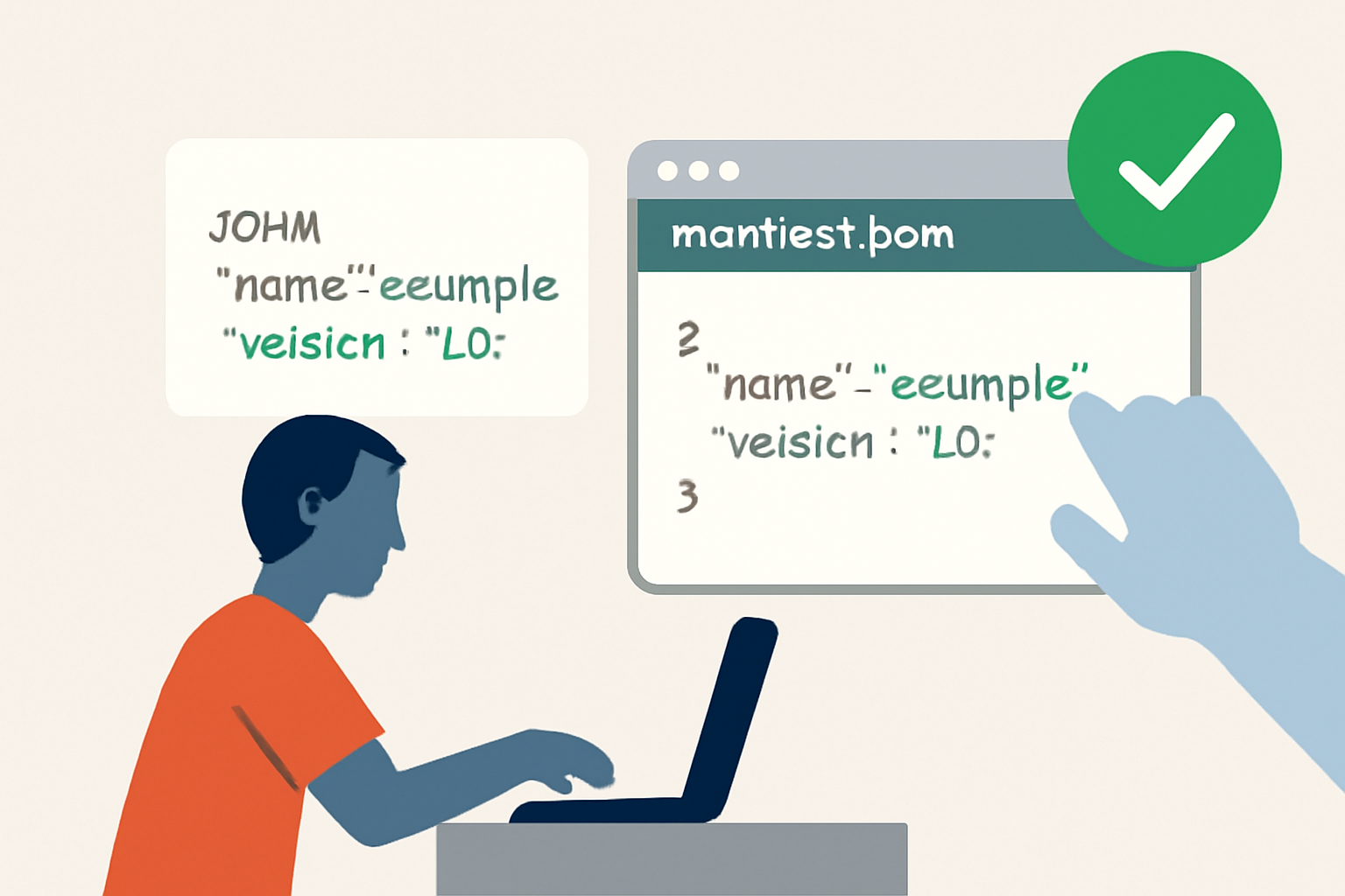 A developer pasting JSON data into a manifest file in a code editor, with a checkmark indicating success.