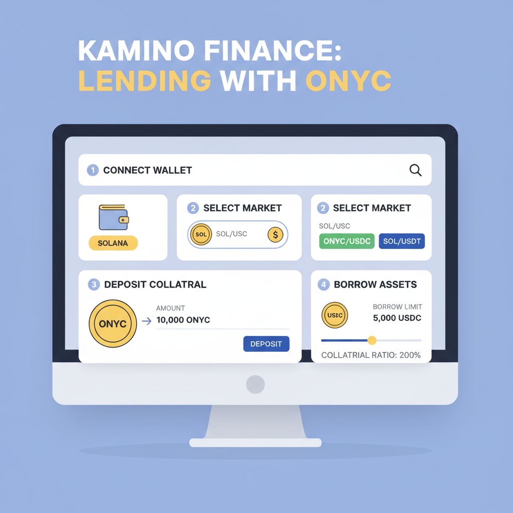 Kamino Finance dashboard, Solana DeFi lending markets with ONyc collateral