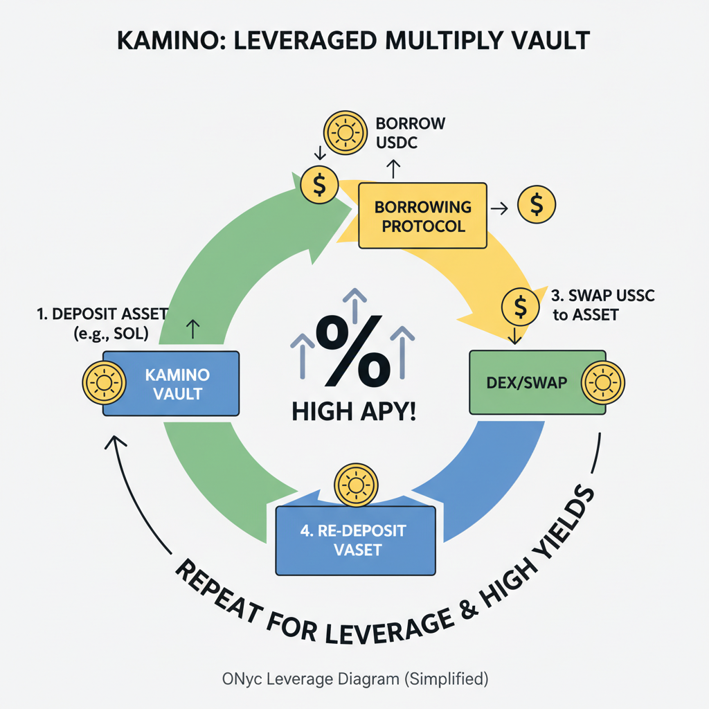 Leveraged multiply vault on Kamino, looping ONyc leverage diagram, high yields