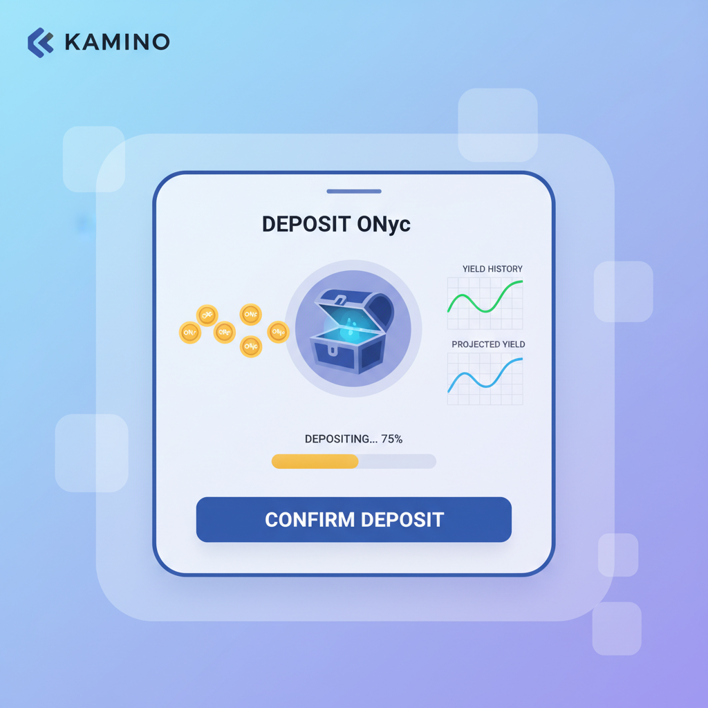 Deposit interface on Kamino, ONyc tokens flowing into vault, yield charts
