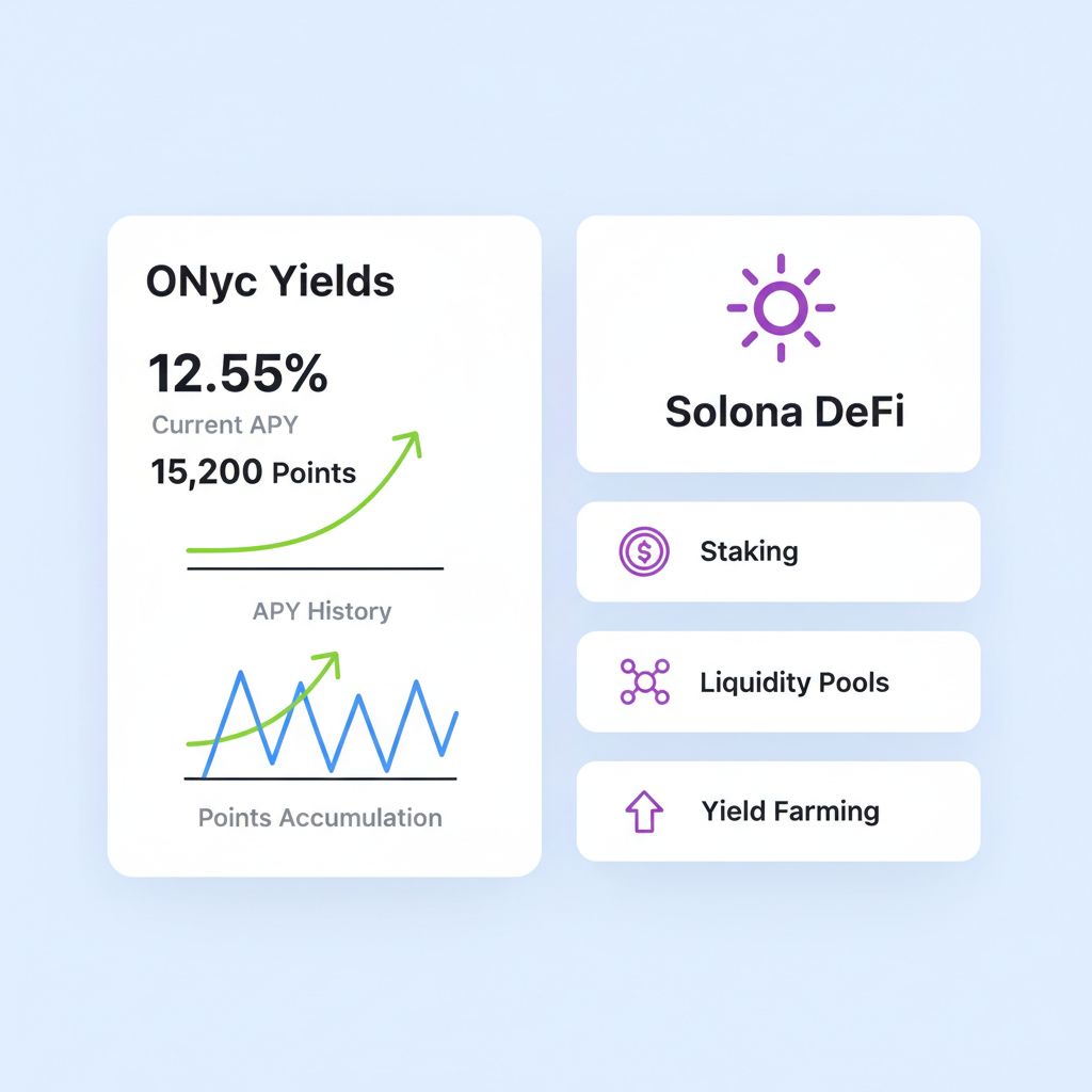 Portfolio dashboard with ONyc yields, charts of APY and points, Solana DeFi