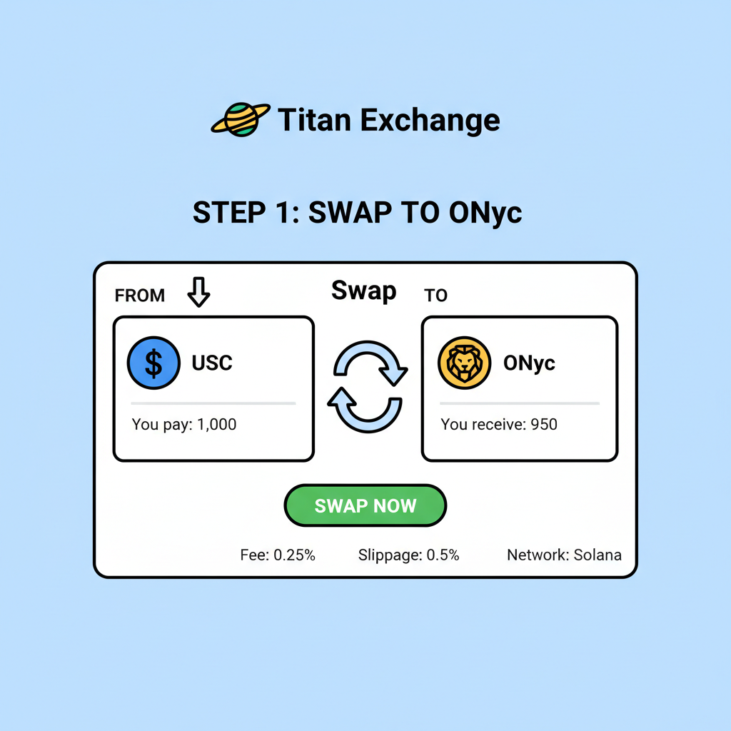 Titan Exchange DeFi dashboard on Solana, swap interface with USDC and ONyc