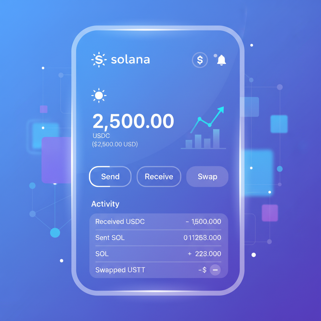 Solana wallet interface showing USDC balance, clean UI, futuristic crypto theme