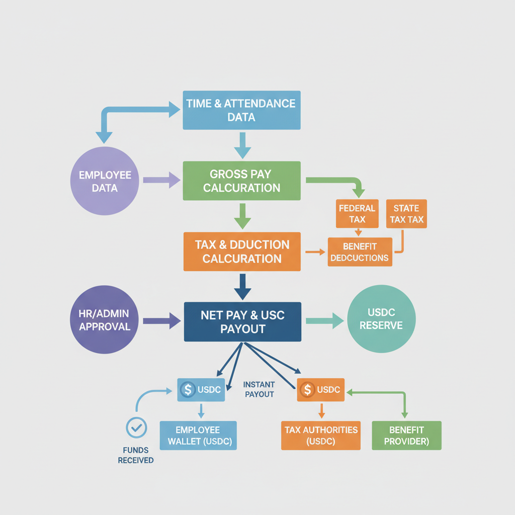 flowchart of automated payroll process with USDC flows, tax deduction nodes, and instant payout arrows