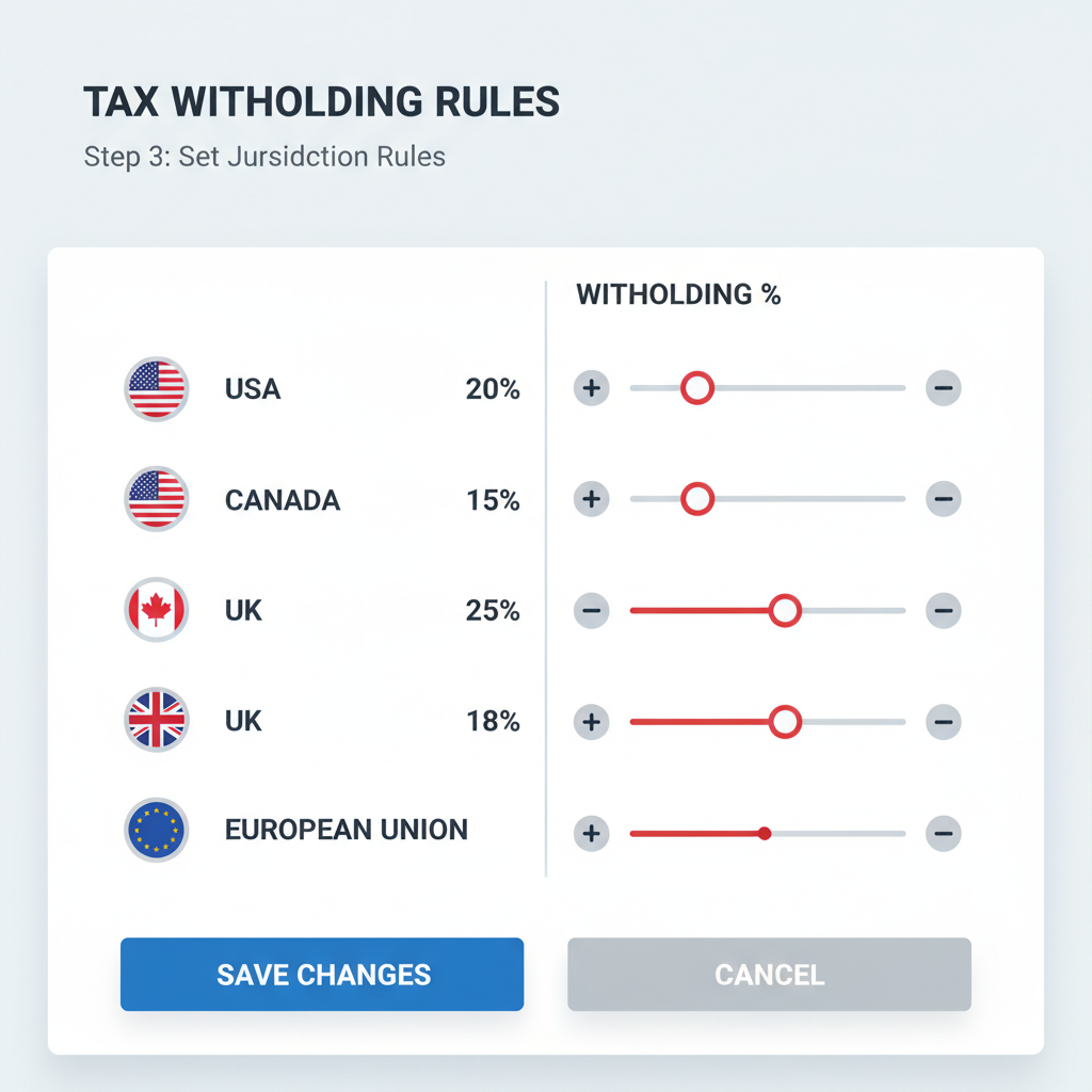 dashboard interface setting tax withholding rules with jurisdiction flags and percentage sliders