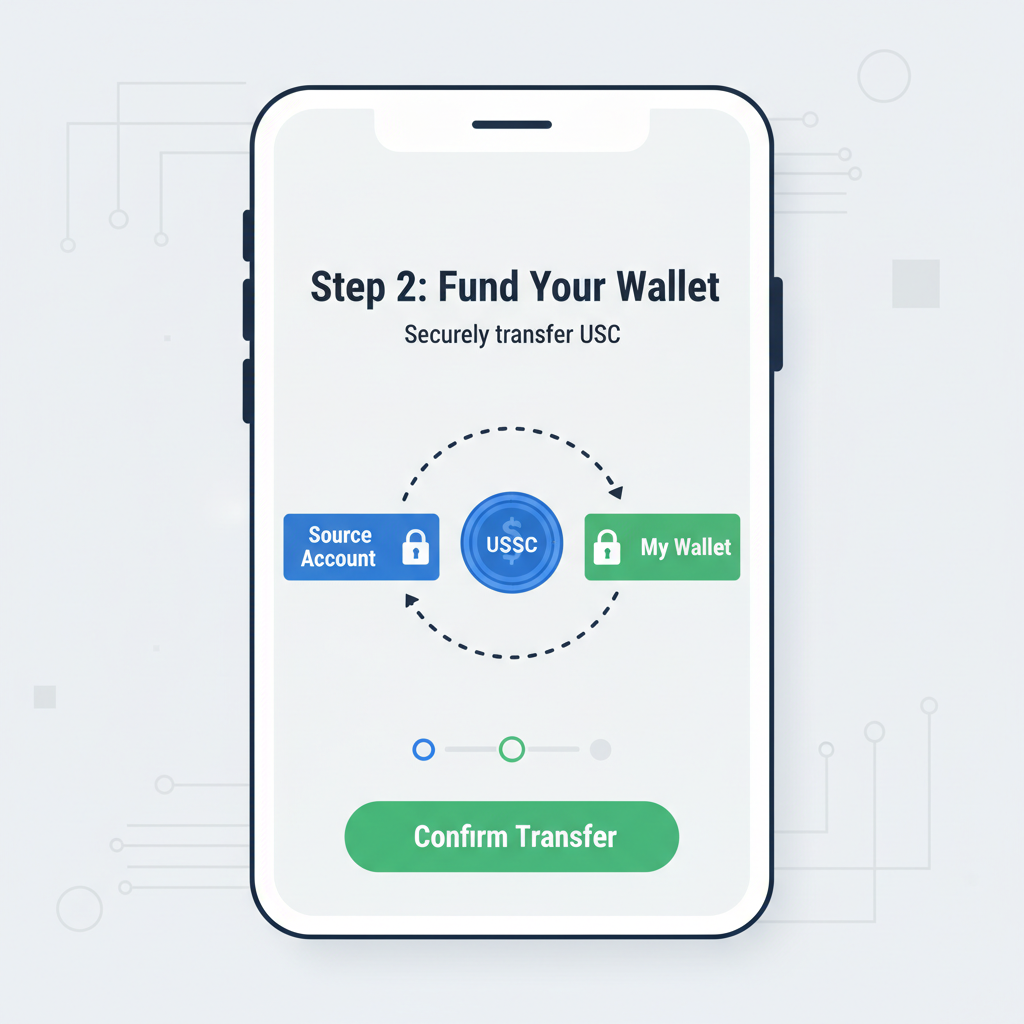 secure wallet funding screen with USDC transfer animation and lock icons