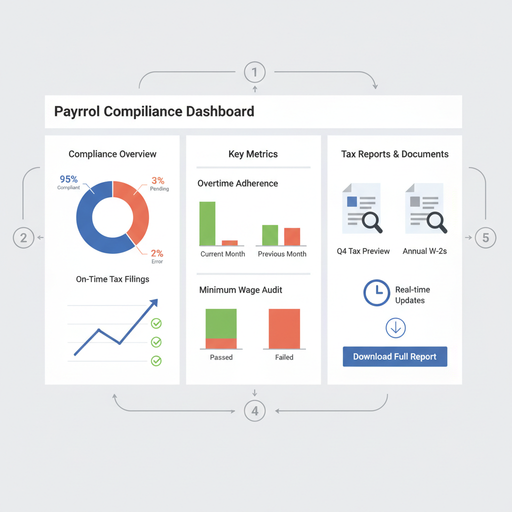 analytics dashboard showing payroll compliance metrics, charts, and tax report previews