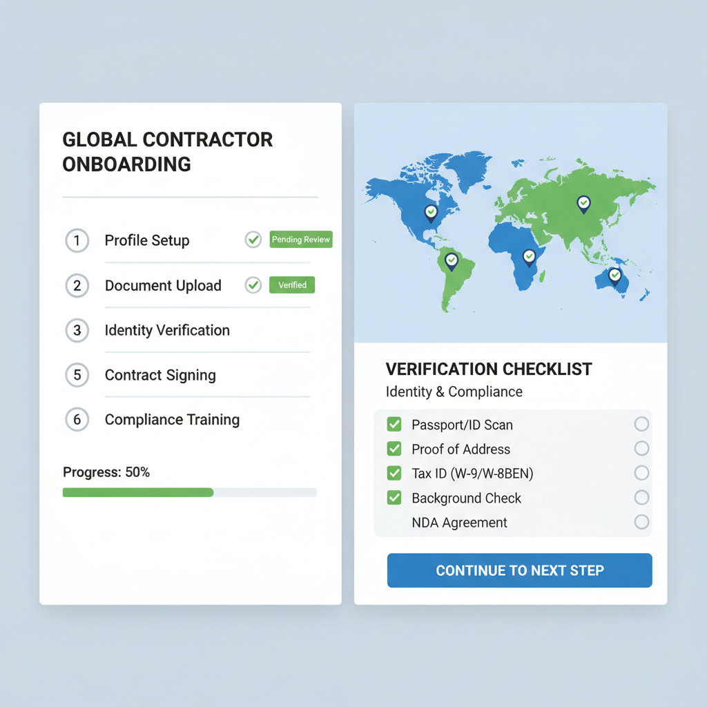 professional digital onboarding dashboard for global contractors with verification checklists and world map