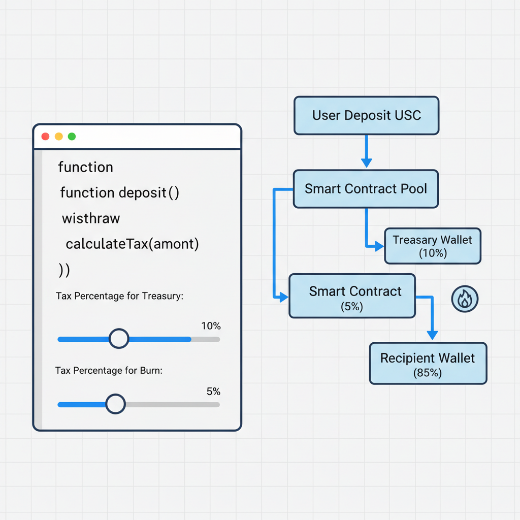 smart contract code editor with tax percentage sliders and USDC flowcharts