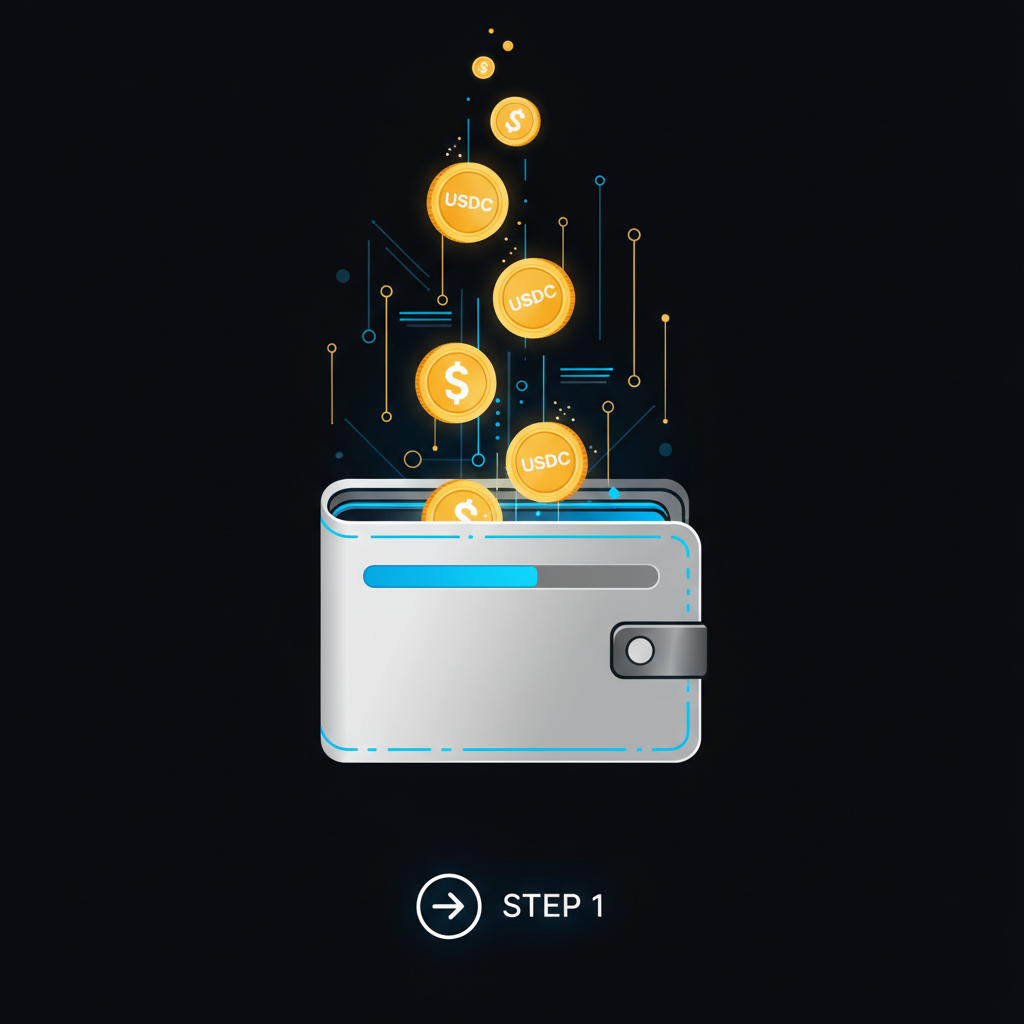 wallet filling with glowing USDC coins, futuristic transfer animation