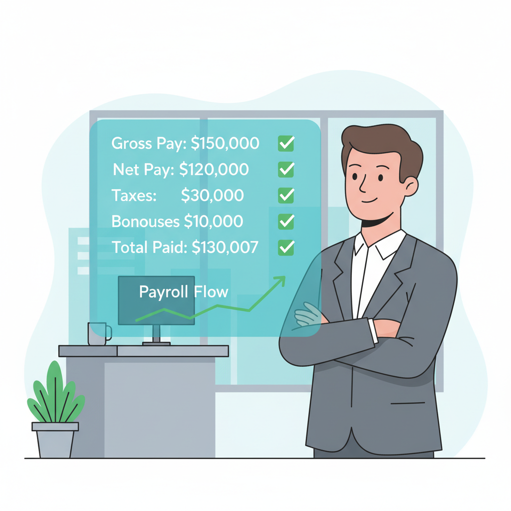 executive monitoring live payroll metrics on holographic screen with green checkmarks