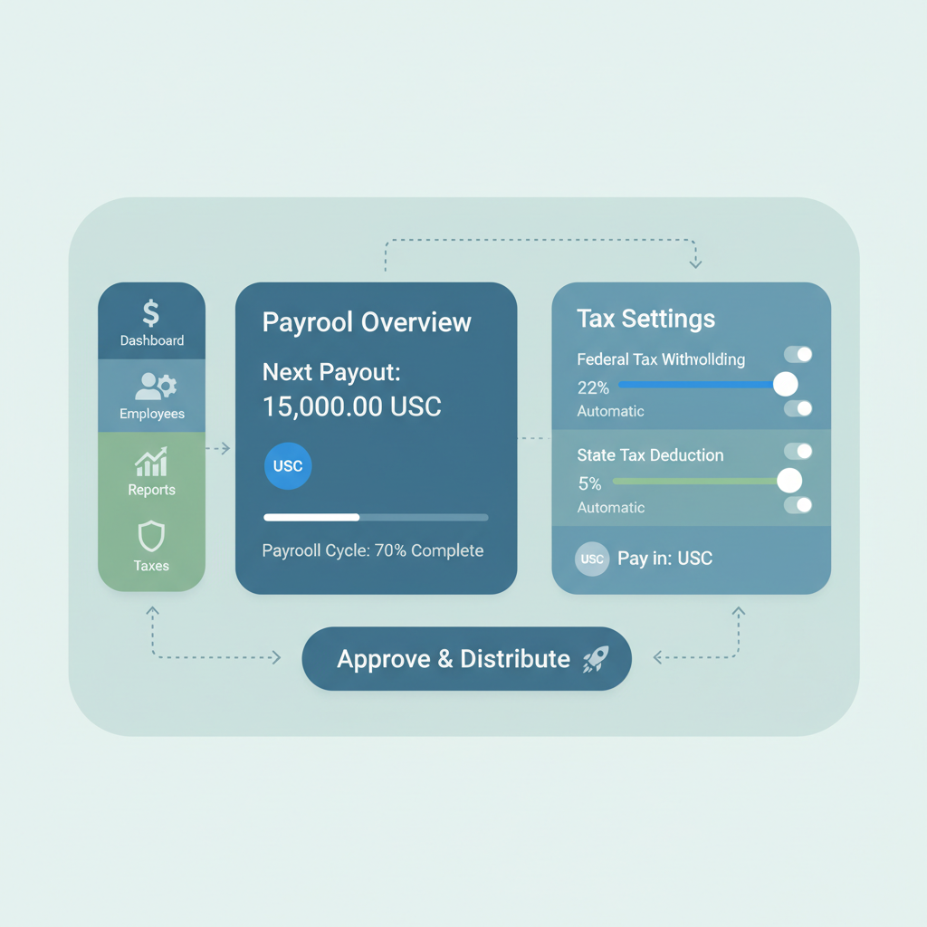 sleek dashboard of crypto payroll platform with USDC icons and tax sliders