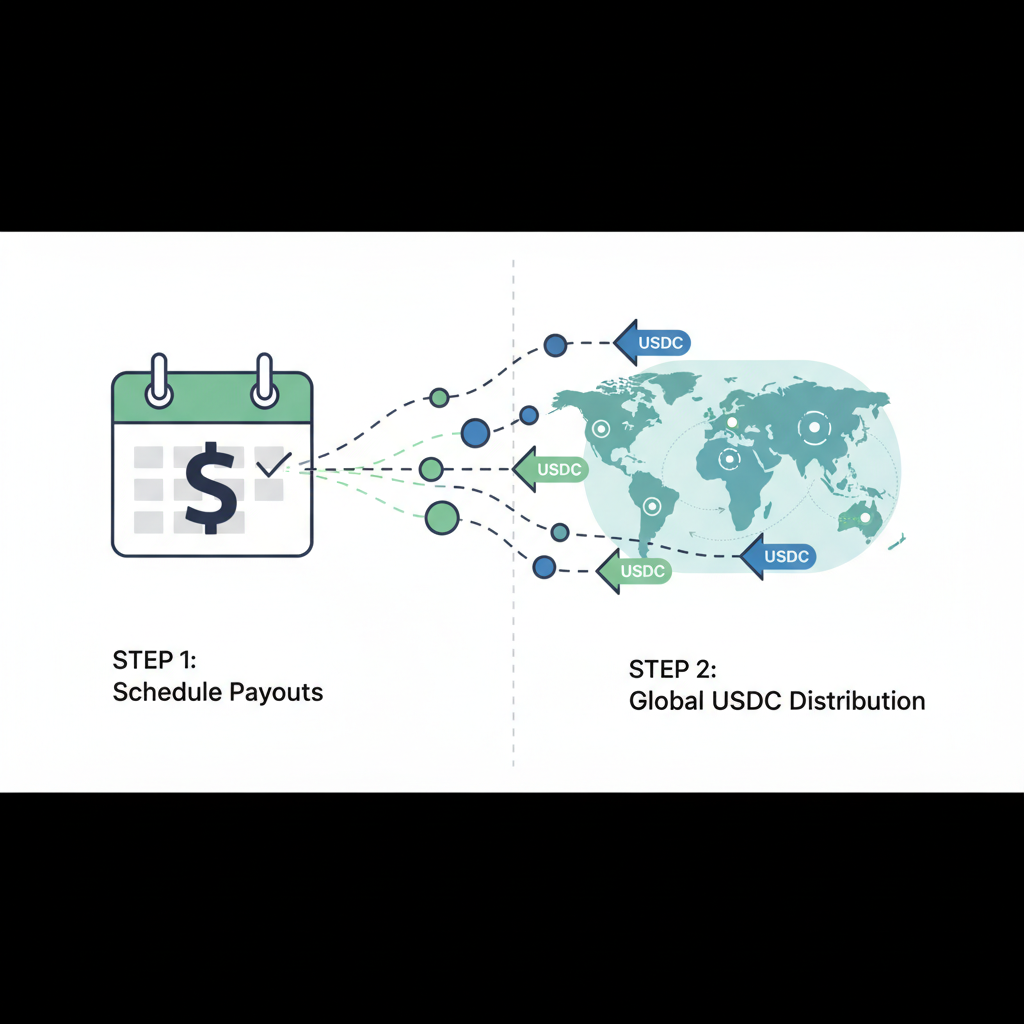 calendar with automated USDC payout arrows flying to global maps