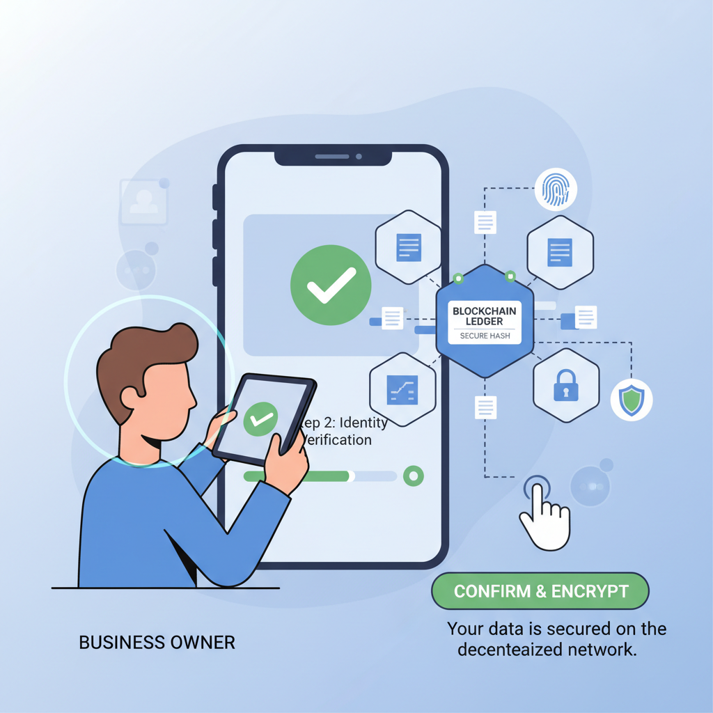 business owner verifying identity on modern app interface with blockchain elements