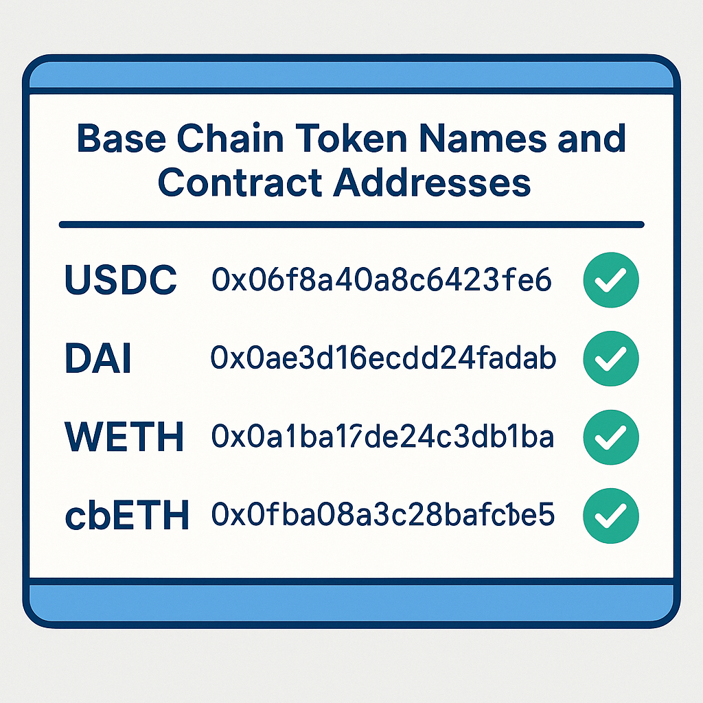 A clean list of Base chain token names and contract addresses on a digital screen, highlighting accuracy and verification.