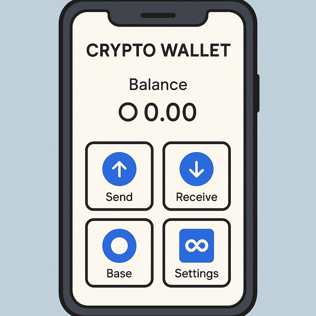 A modern digital crypto wallet interface open on a smartphone, showing Base chain compatibility.